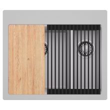 HD Aspen Grey 58 kétmedencés gránit mosogatótálca szett, vágódeszkával, matt fekete csepegtetőráccsal, alpesi szürke színben, szálcsiszolt króm leeresztő szifonnal