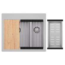 HD Aspen Grey 58 kétmedencés gránit mosogatótálca szett, vágódeszkával, acél csepegtetőráccsal és kosárral, alpesi szürke színben, szálcsiszolt króm leeresztő szifonnal