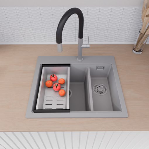 HD Aspen Grey 58 kétmedencés gránit mosogatótálca szett, vágódeszkával, acél csepegtetőráccsal és kosárral, alpesi szürke színben, szálcsiszolt króm leeresztő szifonnal