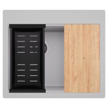 HD Aspen Grey 58 kétmedencés gránit mosogatótálca szett, vágódeszkával, matt fekete csepegtetőkosárral, alpesi szürke színben, szálcsiszolt króm leeresztő szifonnal