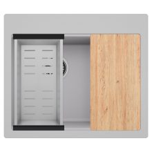 HD Aspen Grey 58 kétmedencés gránit mosogatótálca szett, vágódeszkával, acél csepegtetőkosárral, alpesi szürke színben, szálcsiszolt króm leeresztő szifonnal