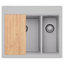 HD Aspen Grey 58 kétmedencés gránit mosogatótálca, vágódeszkával, alpesi szürke színben, szálcsiszolt króm leeresztő szifonnal