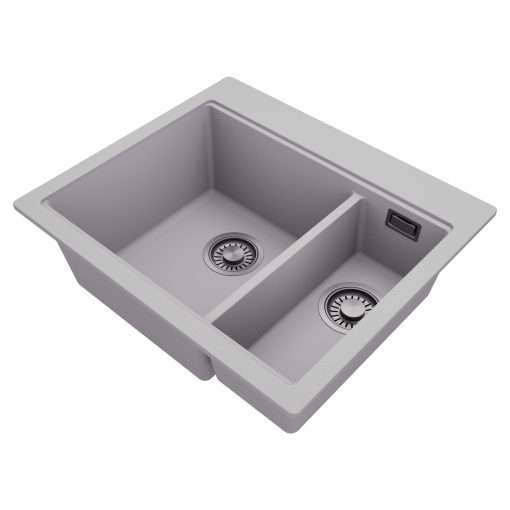 HD Aspen Grey 58 kétmedencés gránit mosogatótálca, vágódeszkával, alpesi szürke színben, szálcsiszolt króm leeresztő szifonnal