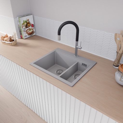 HD Aspen Grey 58 kétmedencés gránit mosogatótálca, vágódeszkával, alpesi szürke színben, szálcsiszolt króm leeresztő szifonnal