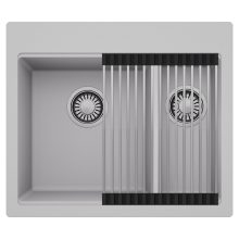 HD Aspen Grey 58 kétmedencés gránit mosogatótálca szett, acél csepegtetőráccsal, alpesi szürke színben, szálcsiszolt króm leeresztő szifonnal