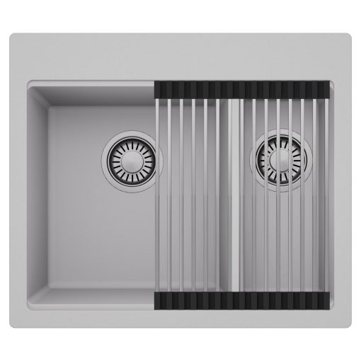 HD Aspen Grey 58 kétmedencés gránit mosogatótálca szett, acél csepegtetőráccsal, alpesi szürke színben, szálcsiszolt króm leeresztő szifonnal