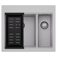 HD Aspen Grey 58 kétmedencés gránit mosogatótálca szett, matt fekete csepegtetőkosárral, alpesi szürke színben, szálcsiszolt króm leeresztő szifonnal