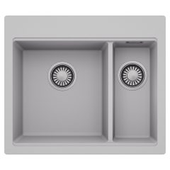   HD Aspen Grey 58 kétmedencés gránit mosogatótálca, alpesi szürke színben, szálcsiszolt króm leeresztő szifonnal