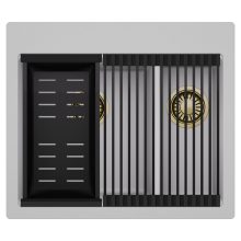 HD Aspen Grey 58 kétmedencés gránit mosogatótálca szett, matt fekete csepegtetőráccsal és kosárral, alpesi szürke színben, szálcsiszolt arany leeresztő szifonnal