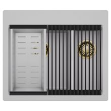 HD Aspen Grey 58 kétmedencés gránit mosogatótálca szett, matt fekete csepegtetőráccsal és krómozott kosárral, alpesi szürke színben, szálcsiszolt arany leeresztő szifonnal