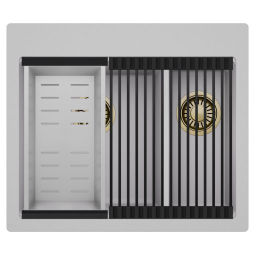 HD Aspen Grey 58 kétmedencés gránit mosogatótálca szett, matt fekete csepegtetőráccsal és krómozott kosárral, alpesi szürke színben, szálcsiszolt arany leeresztő szifonnal