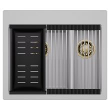 HD Aspen Grey 58 kétmedencés gránit mosogatótálca szett, acél csepegtetőráccsal és matt fekete kosárral, alpesi szürke színben, szálcsiszolt arany leeresztő szifonnal