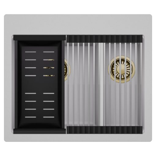 HD Aspen Grey 58 kétmedencés gránit mosogatótálca szett, acél csepegtetőráccsal és matt fekete kosárral, alpesi szürke színben, szálcsiszolt arany leeresztő szifonnal