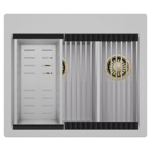 HD Aspen Grey 58 kétmedencés gránit mosogatótálca szett, acél csepegtetőráccsal és kosárral, alpesi szürke színben, szálcsiszolt arany leeresztő szifonnal