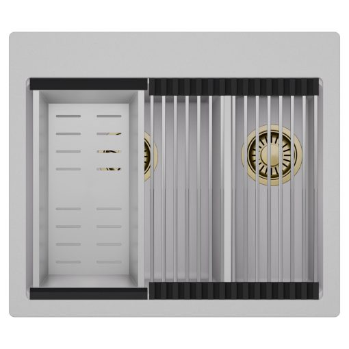HD Aspen Grey 58 kétmedencés gránit mosogatótálca szett, acél csepegtetőráccsal és kosárral, alpesi szürke színben, szálcsiszolt arany leeresztő szifonnal