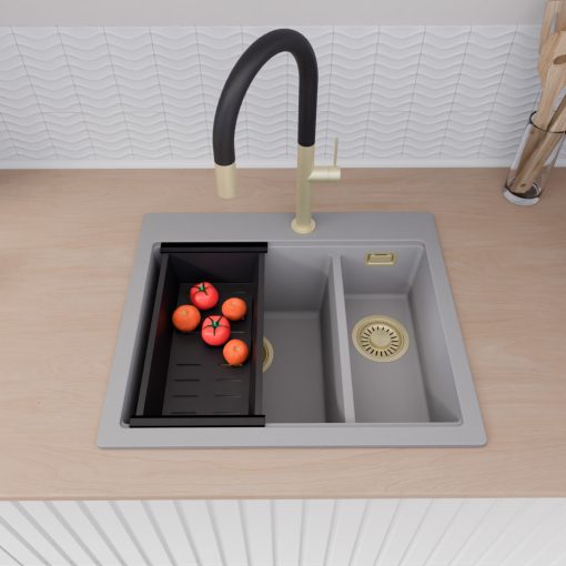 HD Aspen Grey 58 kétmedencés gránit mosogatótálca szett, vágódeszkával, matt fekete csepegtetőráccsal és kosárral, alpesi szürke színben, szálcsiszolt arany leeresztő szifonnal