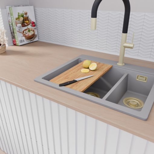 HD Aspen Grey 58 kétmedencés gránit mosogatótálca szett, vágódeszkával, matt fekete csepegtetőráccsal és krómozott kosárral, alpesi szürke színben, szálcsiszolt arany leeresztő szifonnal