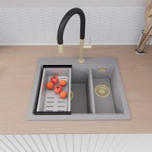 HD Aspen Grey 58 kétmedencés gránit mosogatótálca szett, vágódeszkával, matt fekete csepegtetőráccsal és krómozott kosárral, alpesi szürke színben, szálcsiszolt arany leeresztő szifonnal