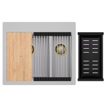 HD Aspen Grey 58 kétmedencés gránit mosogatótálca szett, vágódeszkával, acél csepegtetőráccsal és matt fekete kosárral, alpesi szürke színben, szálcsiszolt arany leeresztő szifonnal