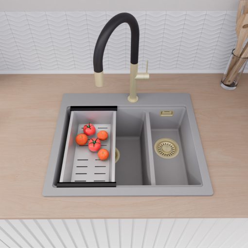 HD Aspen Grey 58 kétmedencés gránit mosogatótálca szett, vágódeszkával, acél csepegtetőráccsal és kosárral, alpesi szürke színben, szálcsiszolt arany leeresztő szifonnal