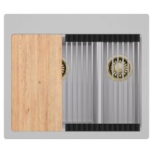 HD Aspen Grey 58 kétmedencés gránit mosogatótálca szett, vágódeszkával, acél csepegtetőráccsal, alpesi szürke színben, szálcsiszolt arany leeresztő szifonnal