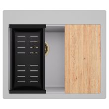 HD Aspen Grey 58 kétmedencés gránit mosogatótálca szett, vágódeszkával, matt fekete csepegtetőkosárral, alpesi szürke színben, szálcsiszolt arany leeresztő szifonnal