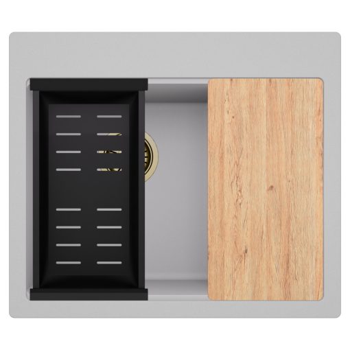 HD Aspen Grey 58 kétmedencés gránit mosogatótálca szett, vágódeszkával, matt fekete csepegtetőkosárral, alpesi szürke színben, szálcsiszolt arany leeresztő szifonnal