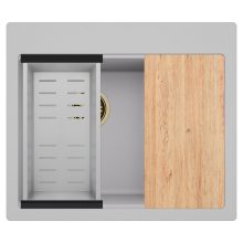 HD Aspen Grey 58 kétmedencés gránit mosogatótálca szett, vágódeszkával, acél csepegtetőkosárral, alpesi szürke színben, szálcsiszolt arany leeresztő szifonnal