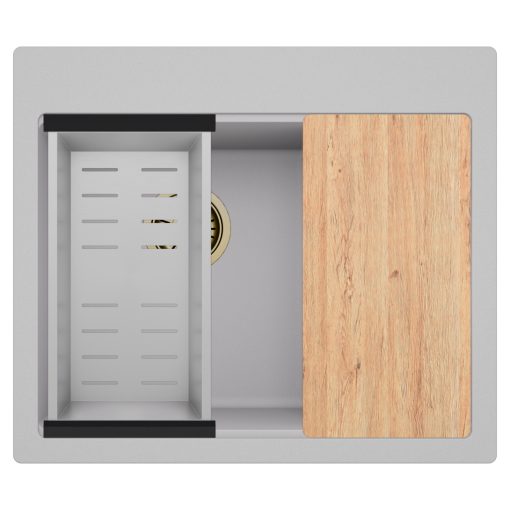 HD Aspen Grey 58 kétmedencés gránit mosogatótálca szett, vágódeszkával, acél csepegtetőkosárral, alpesi szürke színben, szálcsiszolt arany leeresztő szifonnal