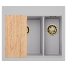 HD Aspen Grey 58 kétmedencés gránit mosogatótálca, vágódeszkával, alpesi szürke színben, szálcsiszolt arany leeresztő szifonnal