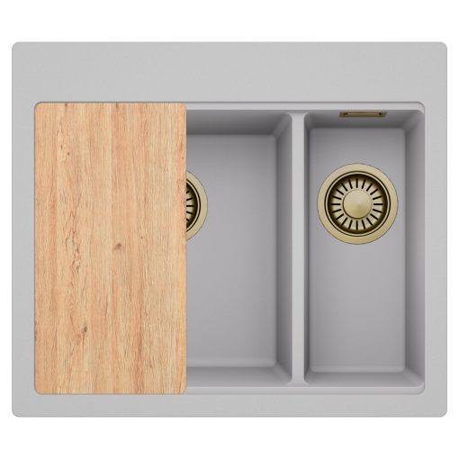 HD Aspen Grey 58 kétmedencés gránit mosogatótálca, vágódeszkával, alpesi szürke színben, szálcsiszolt arany leeresztő szifonnal