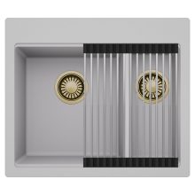 HD Aspen Grey 58 kétmedencés gránit mosogatótálca szett, acél csepegtetőráccsal, alpesi szürke színben, szálcsiszolt arany leeresztő szifonnal