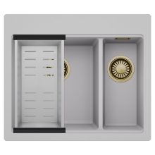 HD Aspen Grey 58 kétmedencés gránit mosogatótálca szett, acél csepegtetőkosárral, alpesi szürke színben, szálcsiszolt arany leeresztő szifonnal