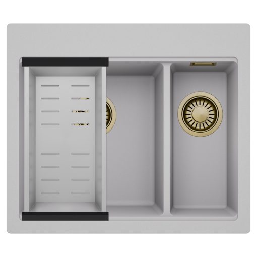 HD Aspen Grey 58 kétmedencés gránit mosogatótálca szett, acél csepegtetőkosárral, alpesi szürke színben, szálcsiszolt arany leeresztő szifonnal