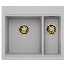 HD Aspen Grey 58 kétmedencés gránit mosogatótálca, alpesi szürke színben, szálcsiszolt arany leeresztő szifonnal