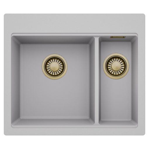 HD Aspen Grey 58 kétmedencés gránit mosogatótálca, alpesi szürke színben, szálcsiszolt arany leeresztő szifonnal
