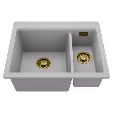 HD Aspen Grey 58 kétmedencés gránit mosogatótálca, alpesi szürke színben, szálcsiszolt arany leeresztő szifonnal