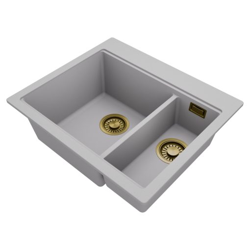 HD Aspen Grey 58 kétmedencés gránit mosogatótálca, alpesi szürke színben, szálcsiszolt arany leeresztő szifonnal