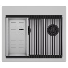 HD Aspen Grey 58 kétmedencés gránit mosogatótálca szett, matt fekete csepegtetőráccsal és krómozott kosárral, alpesi szürke színben, matt fekete leeresztő szifonnal