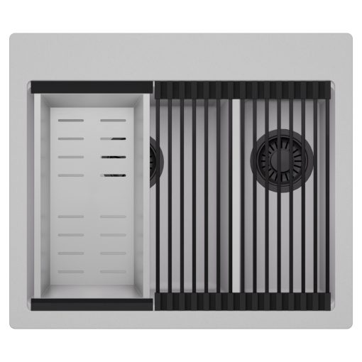 HD Aspen Grey 58 kétmedencés gránit mosogatótálca szett, matt fekete csepegtetőráccsal és krómozott kosárral, alpesi szürke színben, matt fekete leeresztő szifonnal