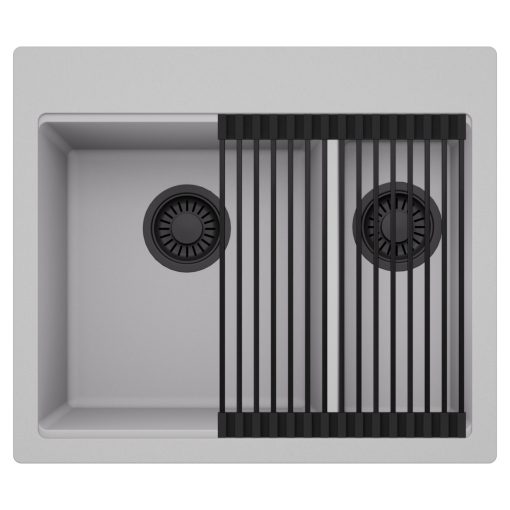 HD Aspen Grey 58 kétmedencés gránit mosogatótálca szett, matt fekete csepegtetőráccsal, alpesi szürke színben, matt fekete leeresztő szifonnal