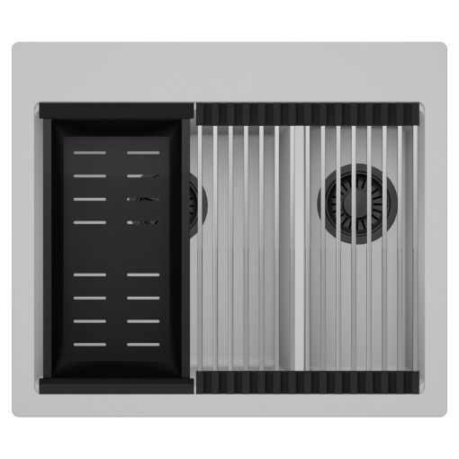 HD Aspen Grey 58 kétmedencés gránit mosogatótálca szett, acél csepegtetőráccsal és matt fekete kosárral, alpesi szürke színben, matt fekete leeresztő szifonnal