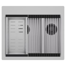 HD Aspen Grey 58 kétmedencés gránit mosogatótálca szett, acél csepegtetőráccsal és kosárral, alpesi szürke színben, matt fekete leeresztő szifonnal