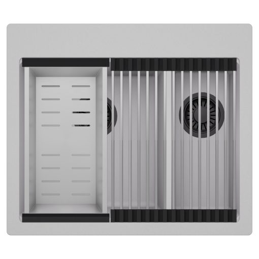 HD Aspen Grey 58 kétmedencés gránit mosogatótálca szett, acél csepegtetőráccsal és kosárral, alpesi szürke színben, matt fekete leeresztő szifonnal