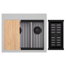 HD Aspen Grey 58 kétmedencés gránit mosogatótálca szett, vágódeszkával, matt fekete csepegtetőráccsal és kosárral, alpesi szürke színben, matt fekete leeresztő szifonnal