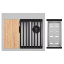 HD Aspen Grey 58 kétmedencés gránit mosogatótálca szett, vágódeszkával, matt fekete csepegtetőráccsal és krómozott kosárral, alpesi szürke színben, matt fekete leeresztő szifonnal