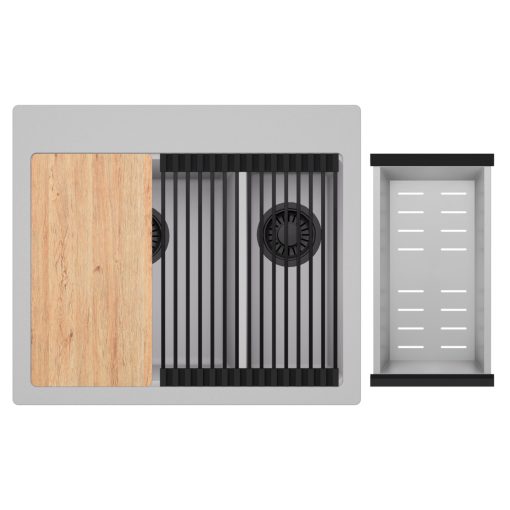 HD Aspen Grey 58 kétmedencés gránit mosogatótálca szett, vágódeszkával, matt fekete csepegtetőráccsal és krómozott kosárral, alpesi szürke színben, matt fekete leeresztő szifonnal