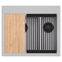 HD Aspen Grey 58 kétmedencés gránit mosogatótálca szett, vágódeszkával, matt fekete csepegtetőráccsal, alpesi szürke színben, matt fekete leeresztő szifonnal