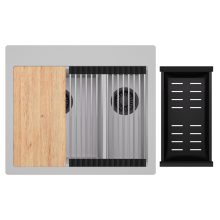 HD Aspen Grey 58 kétmedencés gránit mosogatótálca szett, vágódeszkával, acél csepegtetőráccsal és matt fekete kosárral, alpesi szürke színben, matt fekete leeresztő szifonnal