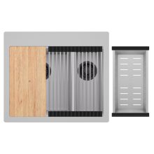 HD Aspen Grey 58 kétmedencés gránit mosogatótálca szett, vágódeszkával, acél csepegtetőráccsal és kosárral, alpesi szürke színben, matt fekete leeresztő szifonnal